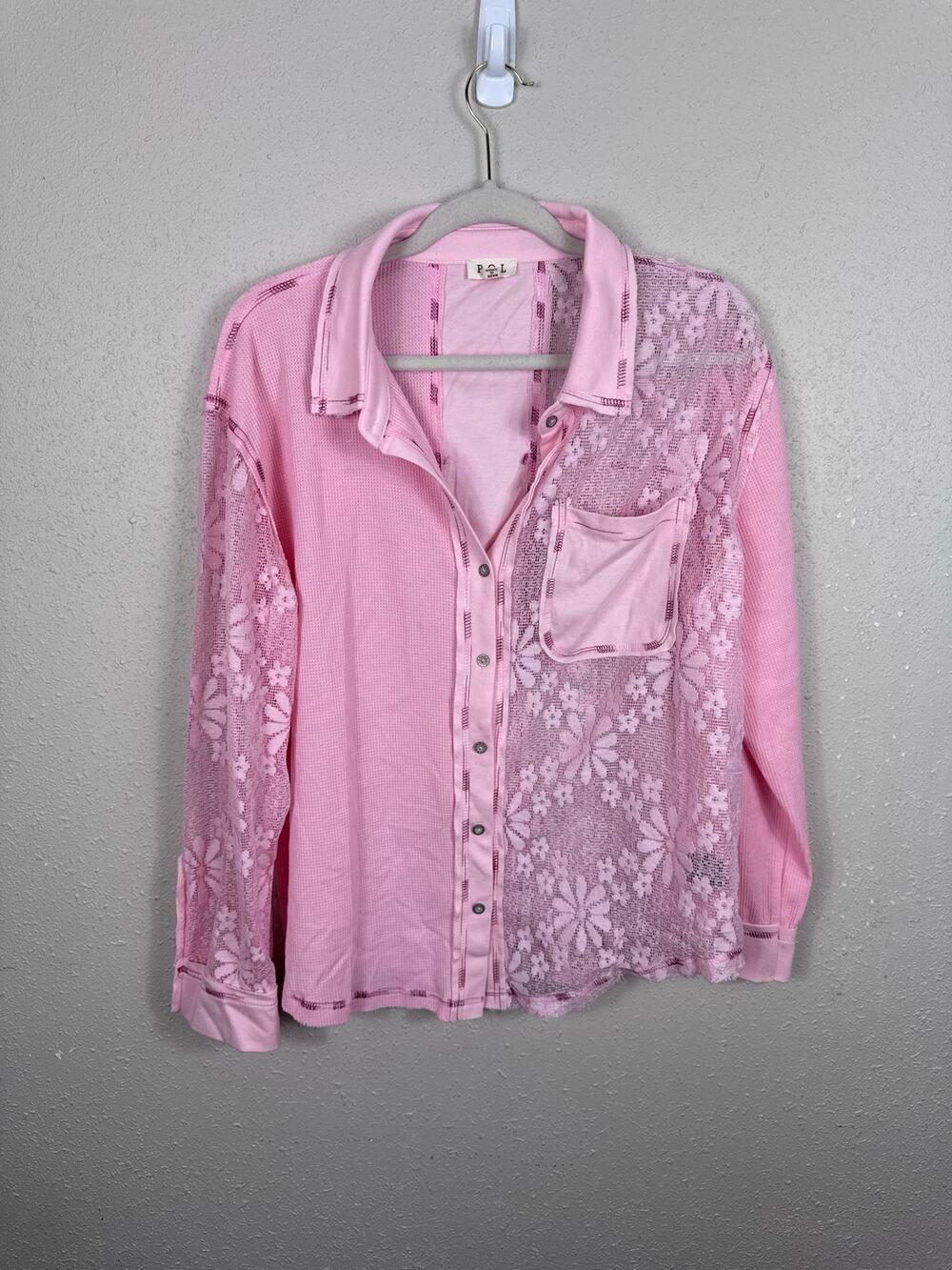 POL Pink Mixed Media Button Down Top Oversized Womens Size Small